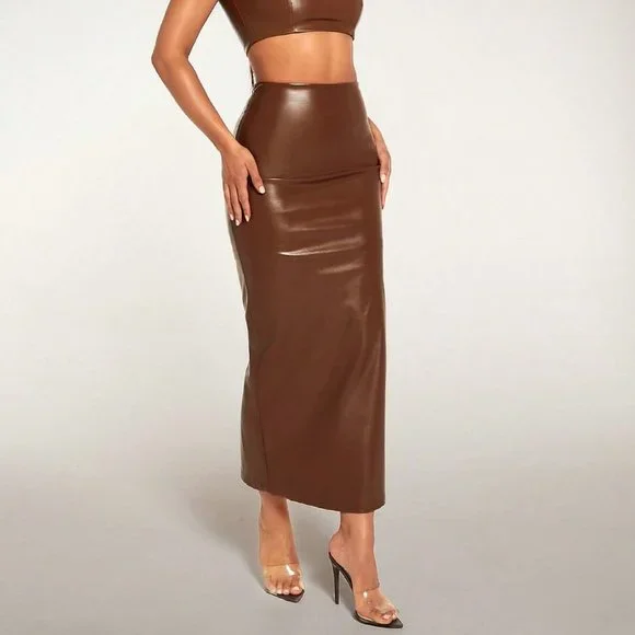 Coffee Brown Preppy Womens High Waist PU Leather Pencil Skirt - Picture 4 of 5